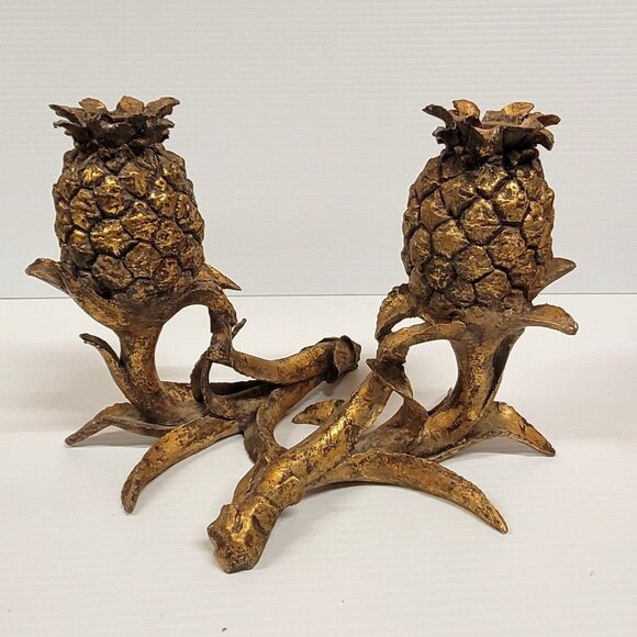 Pineapple Set 2 Tapered Candle Holder Resin Decorative Candelabra Tabletop Gold - Picture 1 of 5
